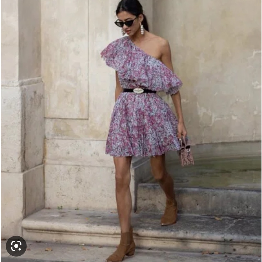 Asymmetric Ruffle Floral Mini Dress in Mauve Pink